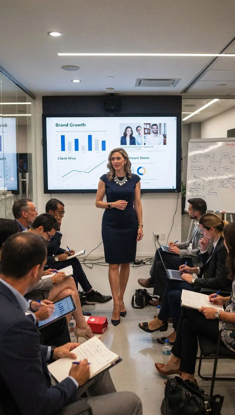 Nowoczesne biuro konsultingu z minimalistycznym designem, sprzyjające kreatywnej pracy nad marką osobistą.